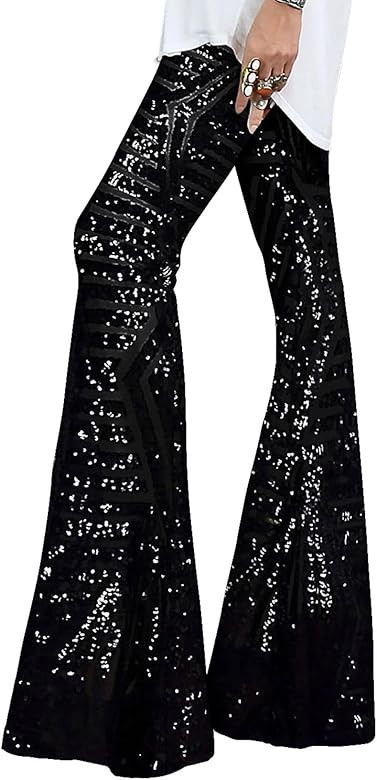 EVALESS Women Sequin Pants Sparkly Glitter High Waisted Wide Leg Flare Trousers Bell Bottom Night... | Amazon (US)