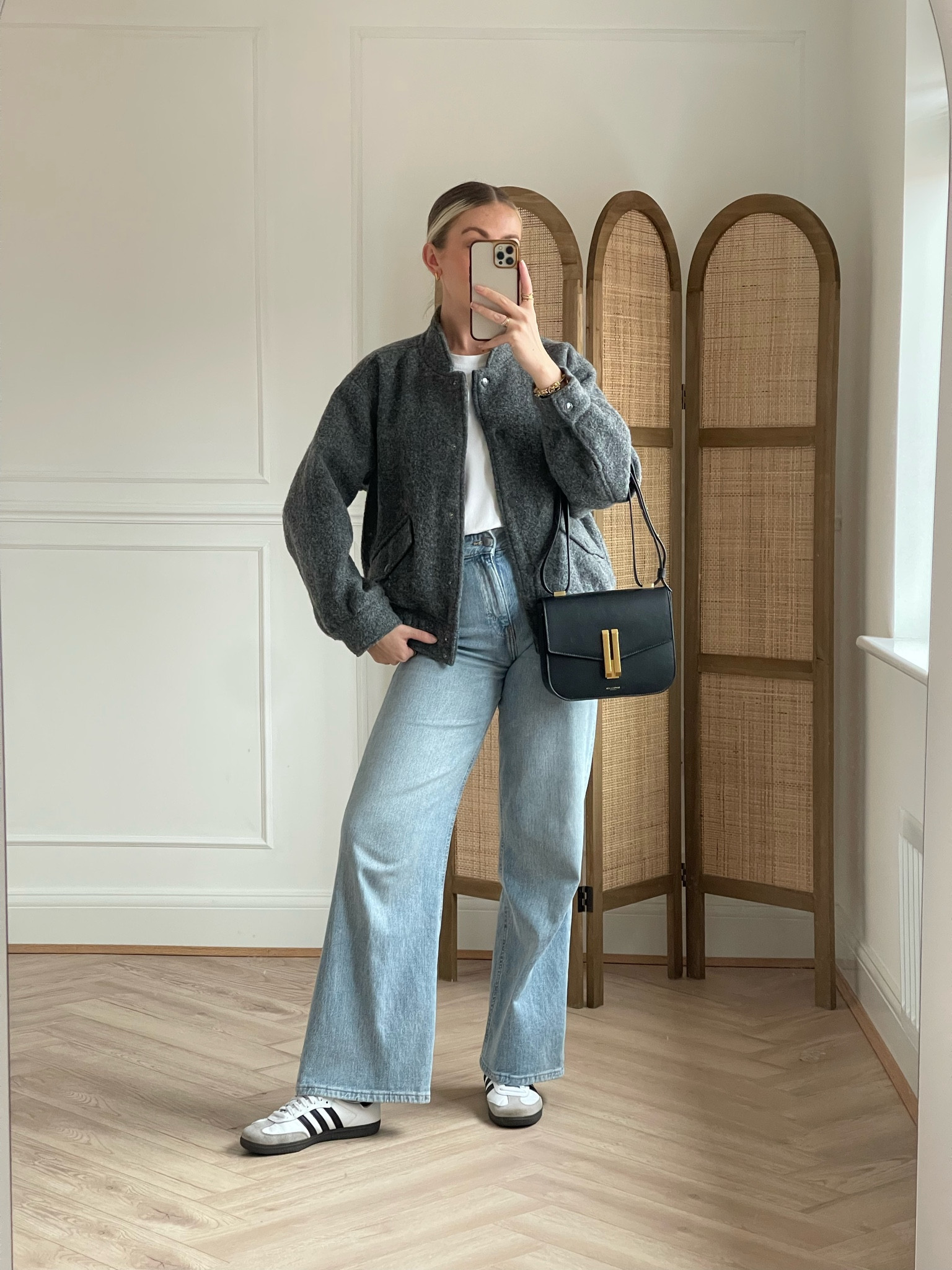 Adidas samba outfit: DAY TWO 

grey bomber jacket, wool bomber jacket, blue jeans, black bag, adidas sambas, white T-shirt 

#LTKxadidas 

#LTKstyletip #LTKshoecrush