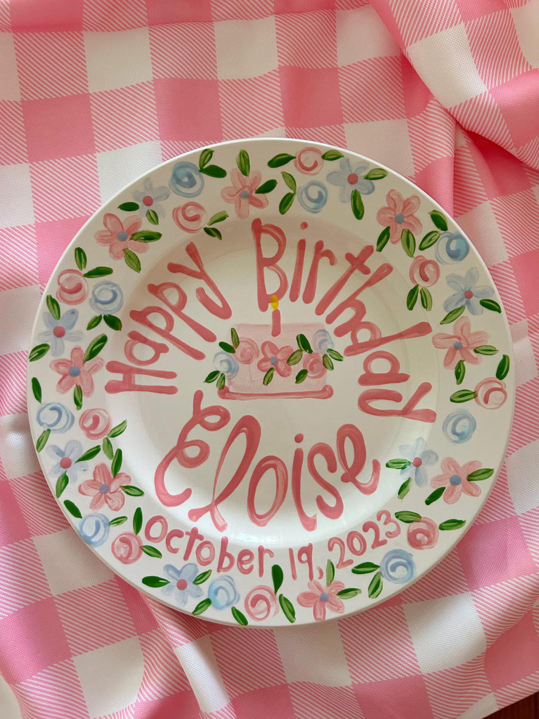 Girls Birthday Plate // pink and blue flowers  Personalized First Birthday  Plate, Custom handpai... | Etsy (US)