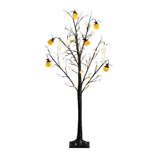 NEARLY NATURAL 4-ft Pre-Lit Artificial Halloween Pumpkins and Skulls Ornament Tree with 64 Warm White LED Lights in Black at Nordstrom | Nordstrom
