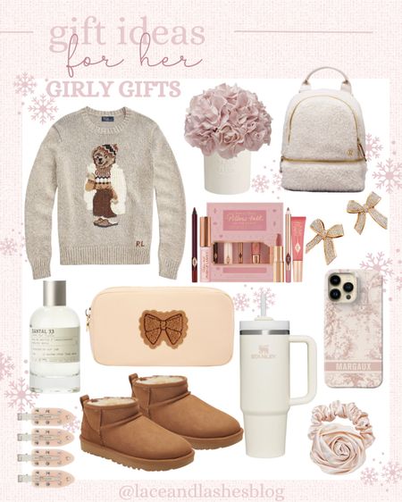 Girly holiday gifts for her 
Stoney clover pouch 
Lululemon Sherpa backpack 
Phone case
Ugg ultra minis
Nordstrom beauty 
Venus et fleur 

#LTKsalealert #LTKGiftGuide #LTKHoliday
