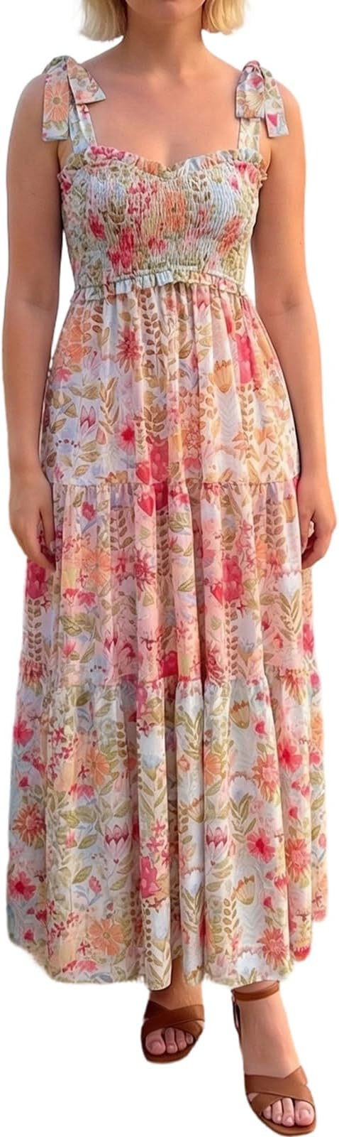 Womens Summer Boho Floral Maxi Dress A-Line Smocked Patchwork with Pockets Tie Shoulder Flowy Y2K... | Amazon (US)