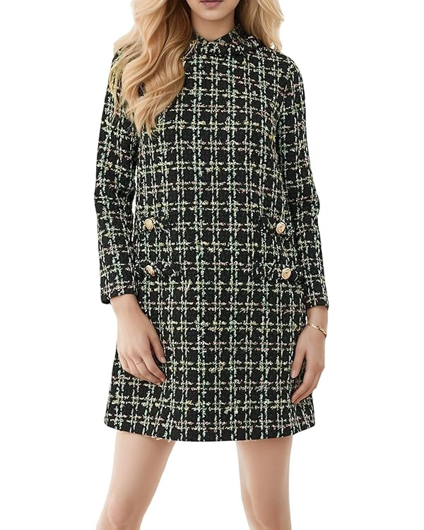 Kedera Womens Long Sleeve Tweed Dress Elegant Crew Neck A-line Party Vintage Mini Skirt Causal Dr... | Amazon (US)