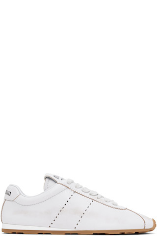 Miu Miu - White Plume Bleached Nappa Leather Sneakers | SSENSE