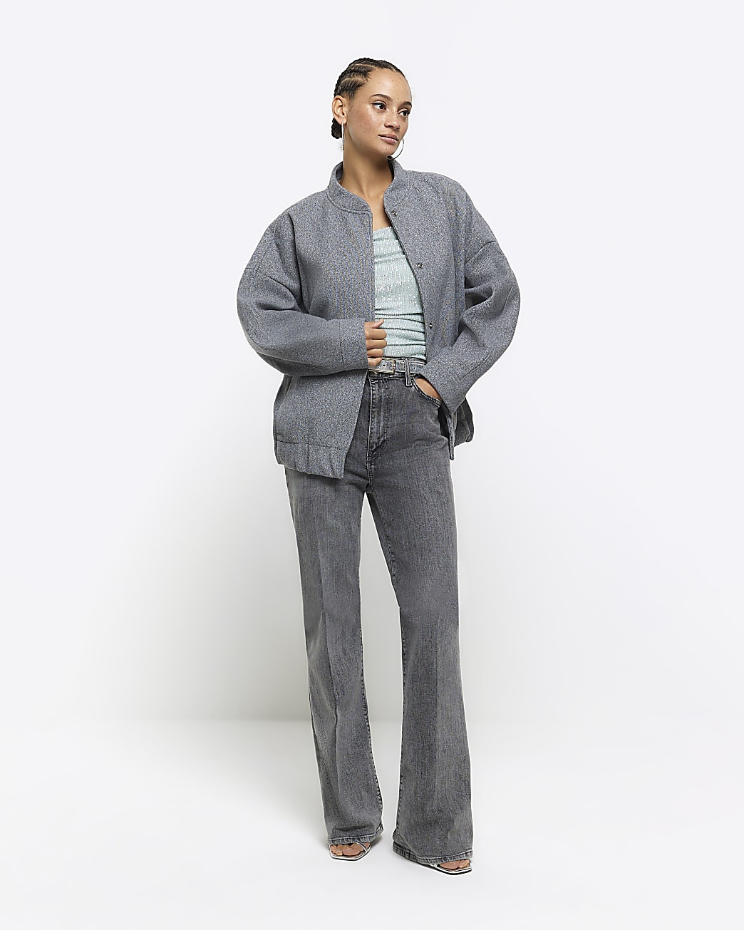 Grey faux wool bomber jacket | River Island (UK & IE)