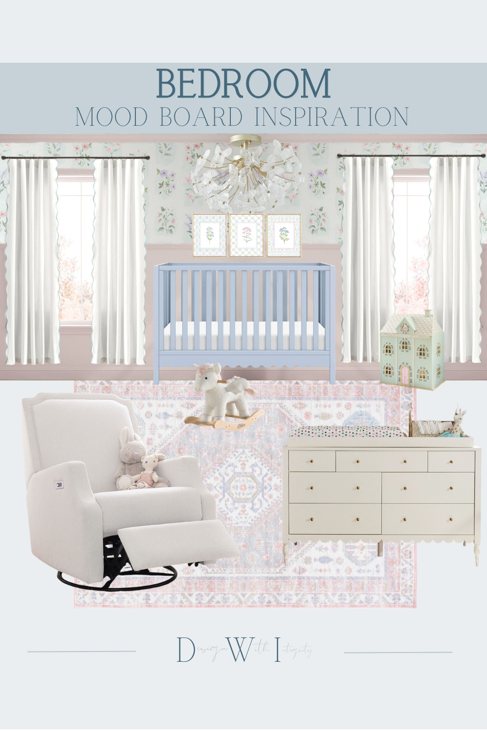This nursery mood board blends soft blush, dusty blue, and delicate florals for a space that feels sweet yet timeless. The painted blue crib anchors the room, while floral wallpaper and layered drapery add subtle pattern and romance. A tailored glider, scalloped dresser, and vintage inspired rug create warmth and comfort without overwhelming the palette. Every detail was selected to feel gentle, classic, and designed to grow beautifully over time. Tap through to shop the curated nursery furniture, lighting, and decor selections.

#nurseryinspiration
#nurserydesign
#neutralnursery

nursery mood board
blue crib nursery
floral nursery design
neutral nursery decor
nursery glider
scalloped dresser
vintage style rug
baby girl nursery 

 #LTKHome