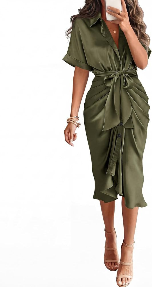 BTFBM Dresses for Women Summer Button Short Sleeve Silk Satin Ruched Spring Maxi Dress 2026 Cockt... | Amazon (US)