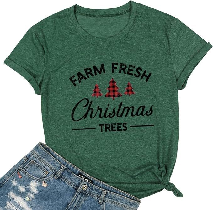 LUKYCILD Farm Fresh Christmas Trees Short Sleeve Shirt Letter Print Casual Graphic Tops Xmas Holi... | Amazon (US)