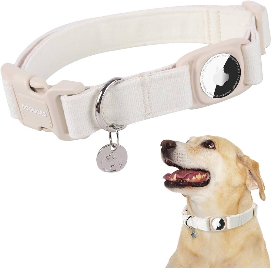 DOGWONG Airtag Cotton Hemp Dog Collar, Heavy-Duty Dog Collar with Airtag Holder White Dog Collar ... | Amazon (US)