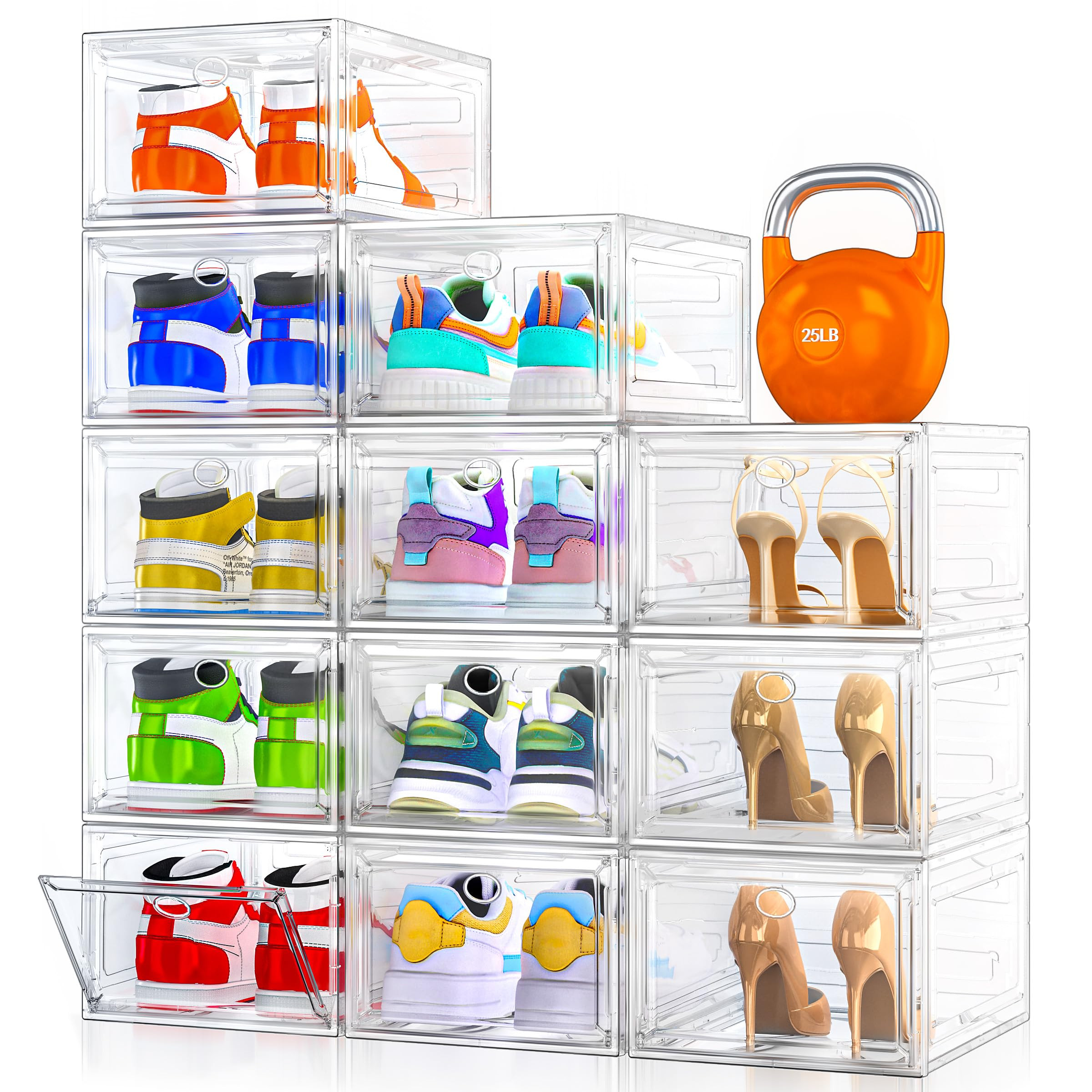 12 Pack Clear Shoe Storage Organizer with Magnetic Door,Stackable Plastic Shoe Boxes for Sneakers... | Amazon (US)