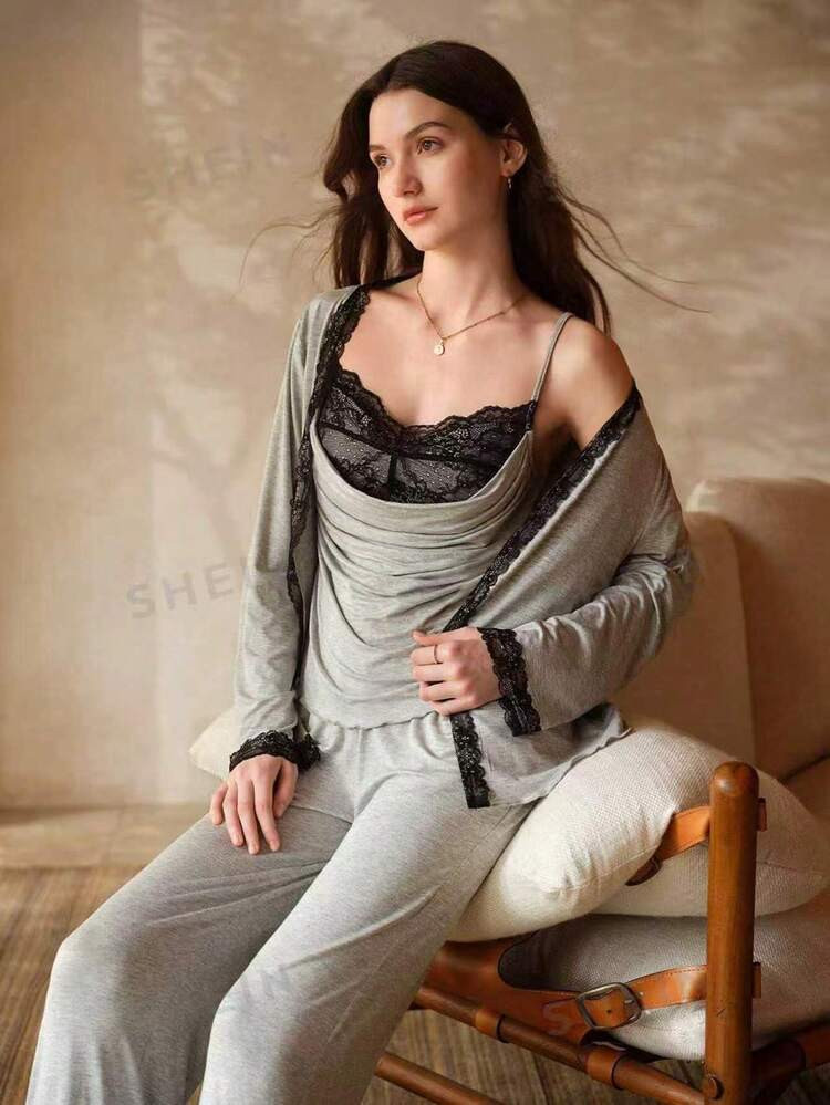MOTF PREMIUM 3PCS CONTRAST LACE RUCHED FITTED CAMISOLE TOP, PANTS AND BELTED ROBE PAJAMA SET | SHEIN