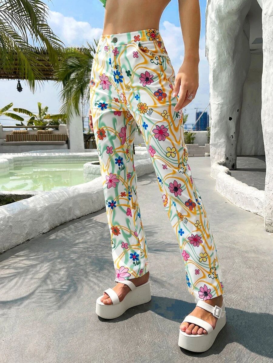 SHEIN Floral Print Straight Leg Pants | SHEIN
