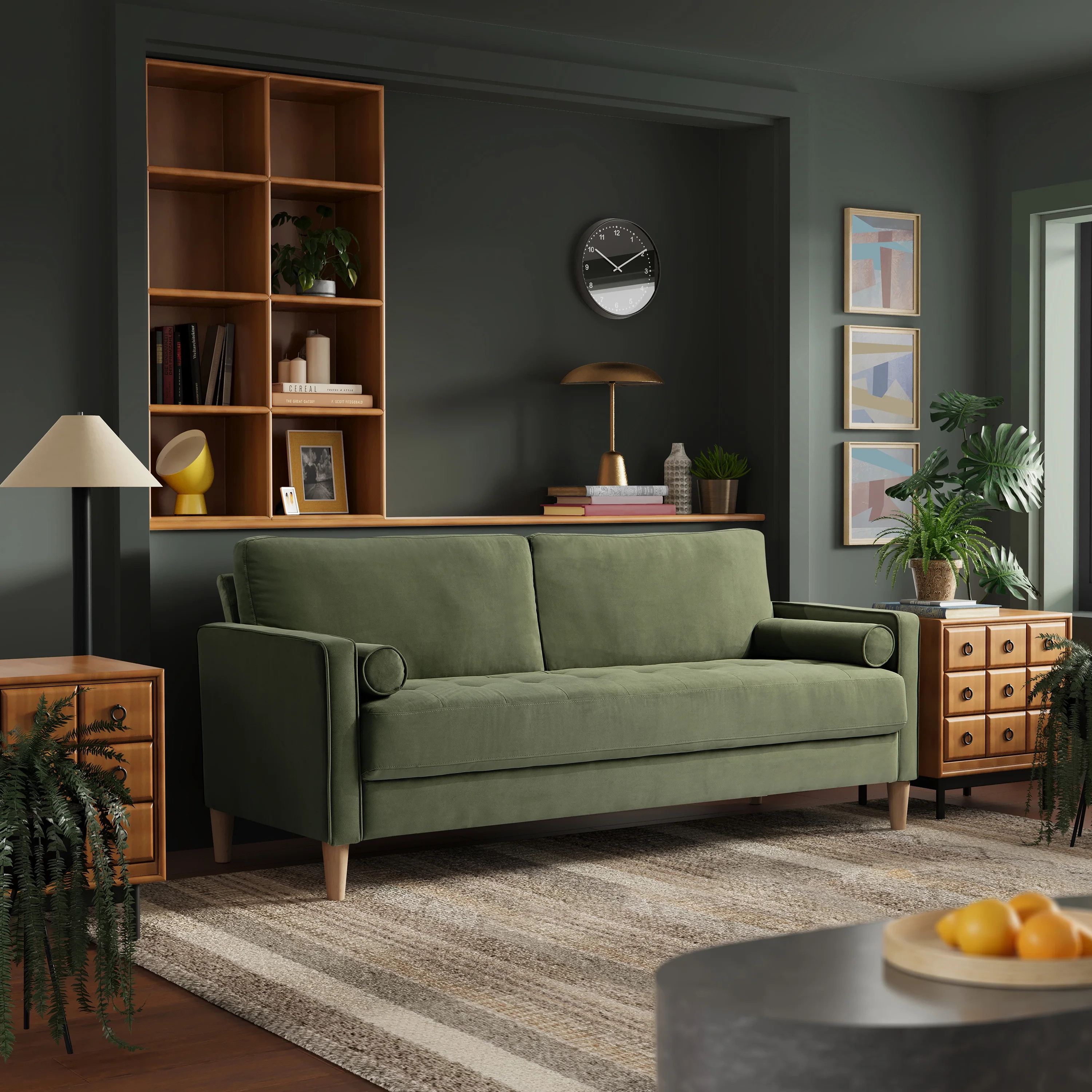 Studio Living Lorelei Mid-Century Modern Cushion Back Upholstered Sofa, Olive Fabric - Walmart.com | Walmart (US)