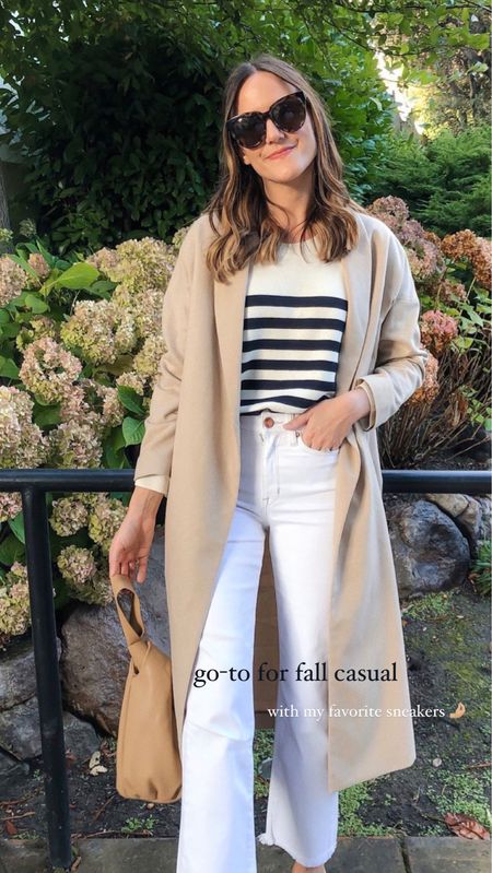 Casual fall to winter look 〰️ tan or camel coat layer with striped sweater, white denim and sneakers. Shared my favorite everyday Sézane sneakers (I took my smaller size). 🤍

#LTKshoecrush #LTKSeasonal #LTKstyletip
