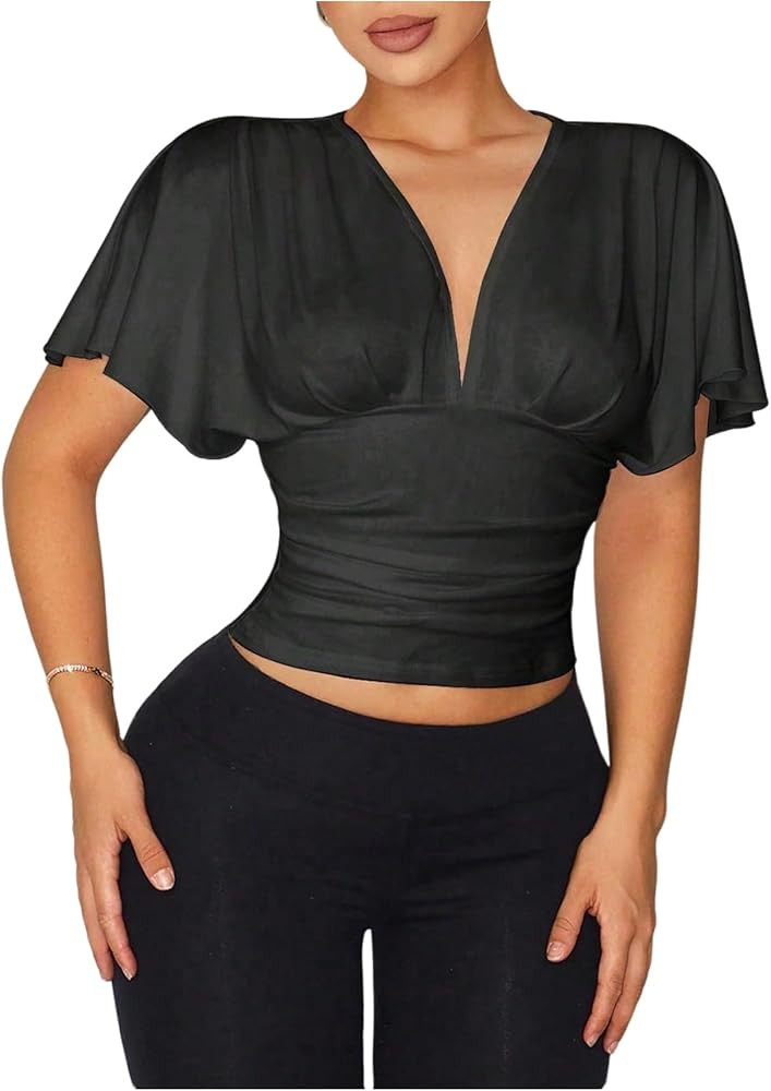 Milumia Women's Ruffle Short Sleeve Cinched Waist Top Deep V Neck Fitted Crop Tops | Amazon (US)