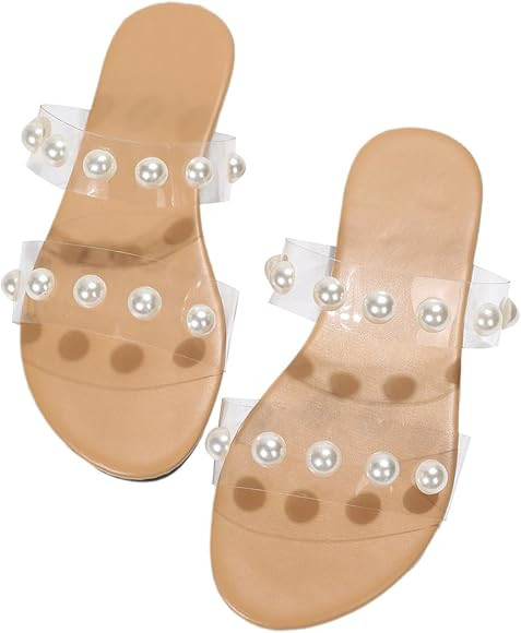 Verdusa Women's Transparent Strap Pearl Sandals Summer Slippers Open Toe Flat Slides Sandals | Amazon (US)