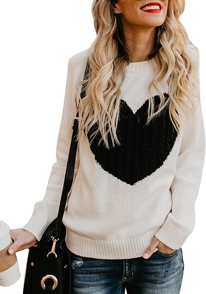 shermie Women's Pullover Sweaters Long Sleeve Crewneck Cute Heart Knitted Casual Sweater | Amazon (US)