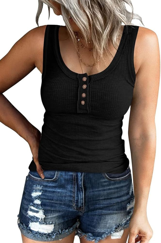 Kissfix Women Tank Tops Summer Casual Ribbed Sleeveless Basic Cami Top Slim Henley Button Down Bl... | Amazon (US)