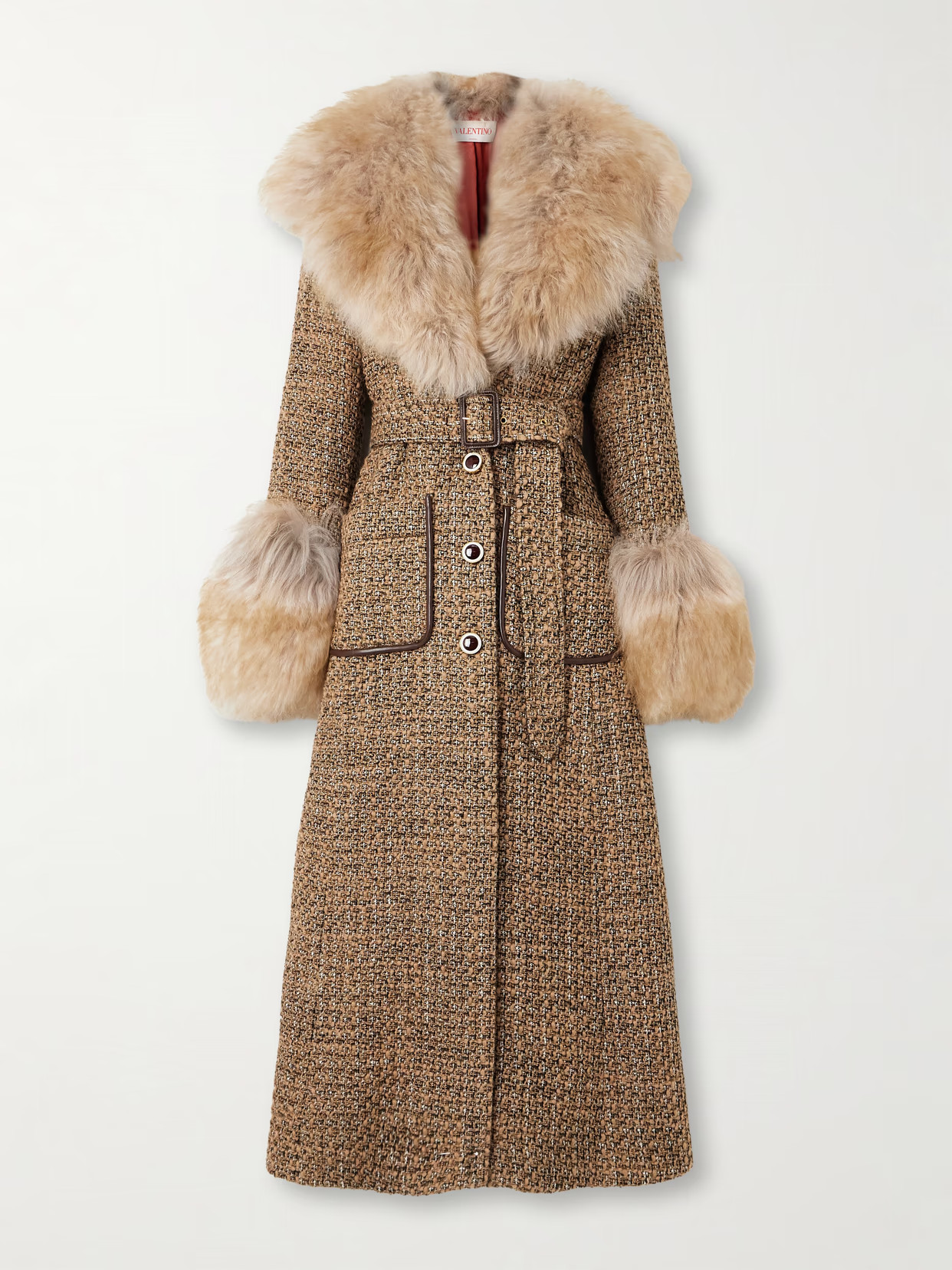 Valentino Garavani - Faux Fur-trimmed Belted Wool-blend Tweed Coat - Brown | NET-A-PORTER (US)