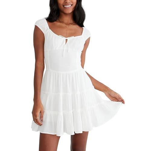 Aeropostale Women's Smocked Waist Short Sleeve Mini Dress, Ivory | Amazon (US)