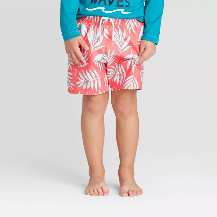 Toddler Boys' Palm Leaf Trunk Swim Trunks - Cat & Jack™ Coral | Target