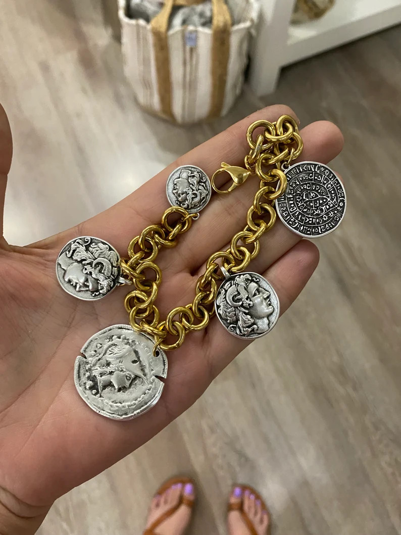 Coins Bracelet, Multi Charm Bracelet, Gold Silver Tone Chunky Bracelet, Large Greek Coin Bracelet... | Etsy (US)