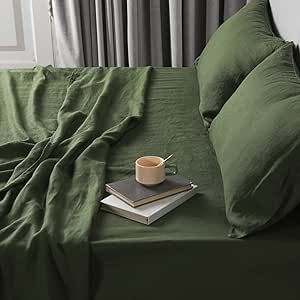 Green Linen Sheets Queen Size, 100% Washed French Flax Organic Linen Sheets, Breathable and Cooli... | Amazon (US)