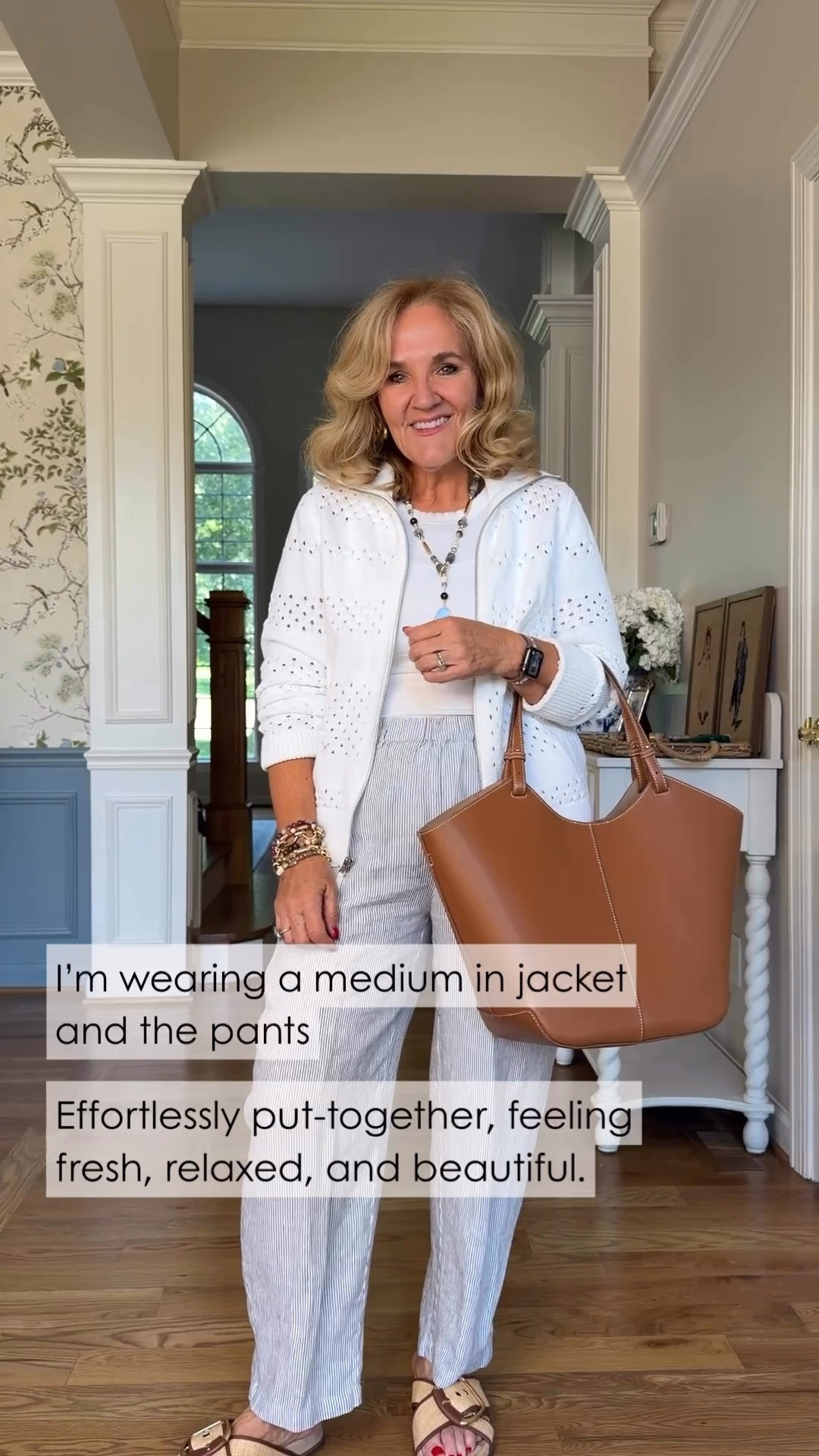 This white eyelet jacket gives this relaxed outfit such a fresh, polished feel. Paired with lightweight textured pants and a simple white tee, it’s an easy look for warmer days. Wearing a medium in the jacket and pants.

💡 LTK MADE EASY
❤️ Heart = Support my posts!
🔖 Save = Get sale & restock alerts
📋 Lists = Keep favorites organized
📲 Share = Send lists and products to a friend. Hello, Christmas List!
💬 Comment = Ask me anything about what I'm wearing.:-)

#LTKootd #LTKdayinmylife #LTKOver40