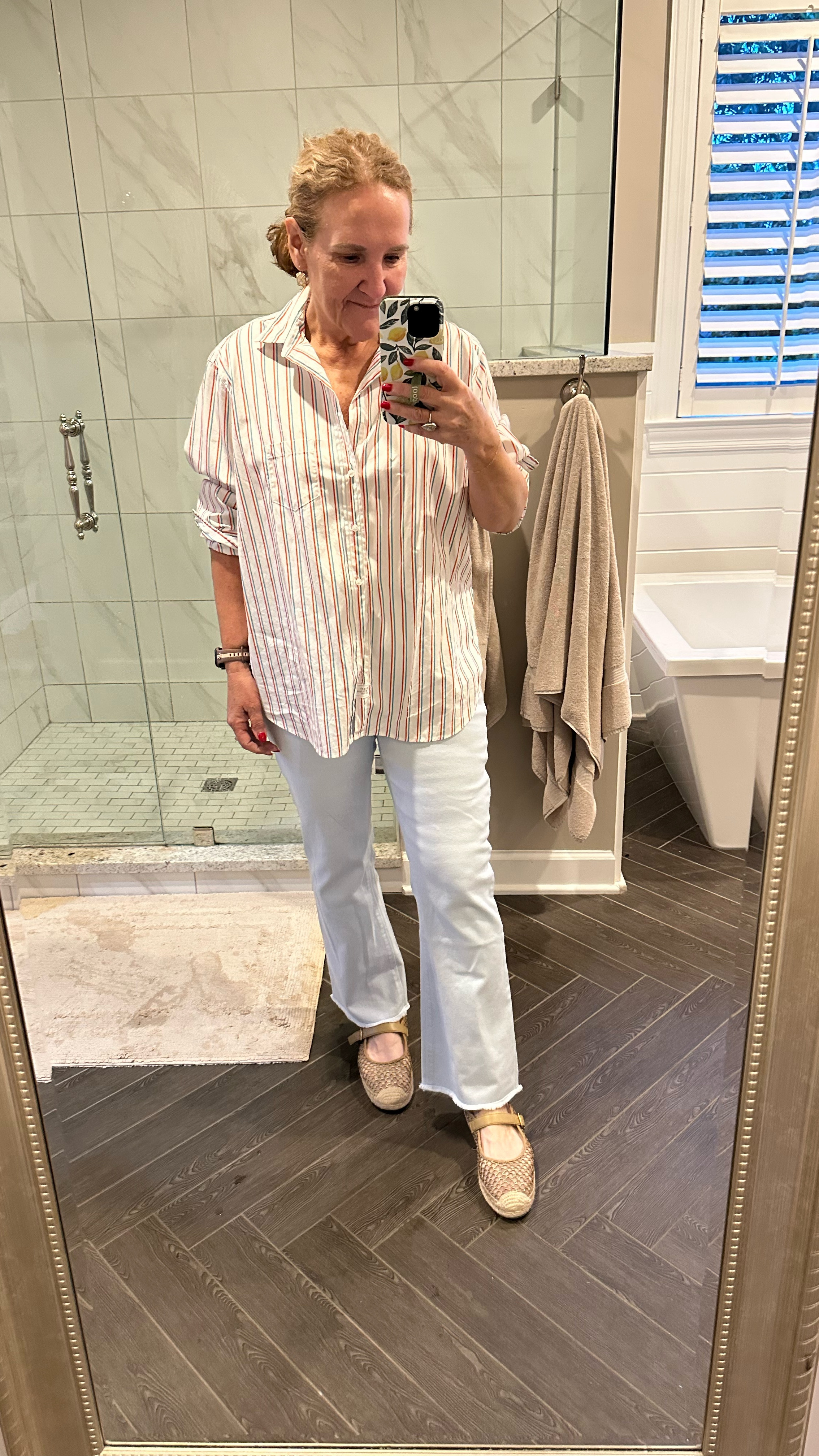 Frank and Eileen relaxed button down blouse at Nordstrom rack! On significant discount I sized up to a large and I like this oversize look
Whitten wisdom sky blue denim. I’m in my regular size 8. Do not size down in these. 
Espadrilles I am finding them in stock at the link below They’re selling out everywhere. 

Noticed these little earrings they’re so perfect to just finish a quick outfit.

#LTKOver40 #LTKFindsUnder100 #LTKPetite