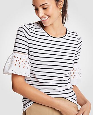 Ann Taylor Petite Stripe Eyelet Flare Sleeve Top | Ann Taylor (US)