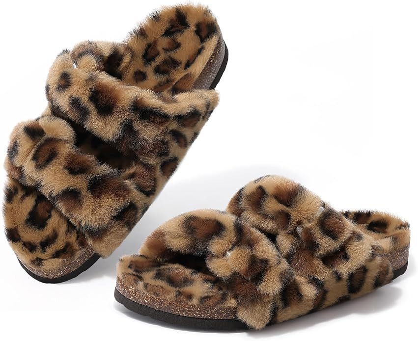 KIDMI Fuzzy Slippers Women with Cork Footbed Fluffy Slides Open Toe Indoor House Shoes | Arch Sup... | Amazon (US)