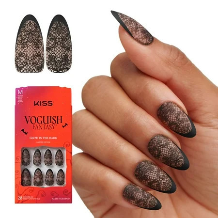 KISS Voguish Fantasy Halloween Press On Nails Almond, ‘I Wanna Rock’, Black, 28 Count | Walmart (US)