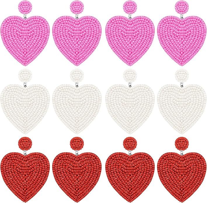 6 Pairs Valentine's Day Heart Earrings Heart Beaded Drop Earrings Bohemia Statement Dangle Earrin... | Amazon (US)