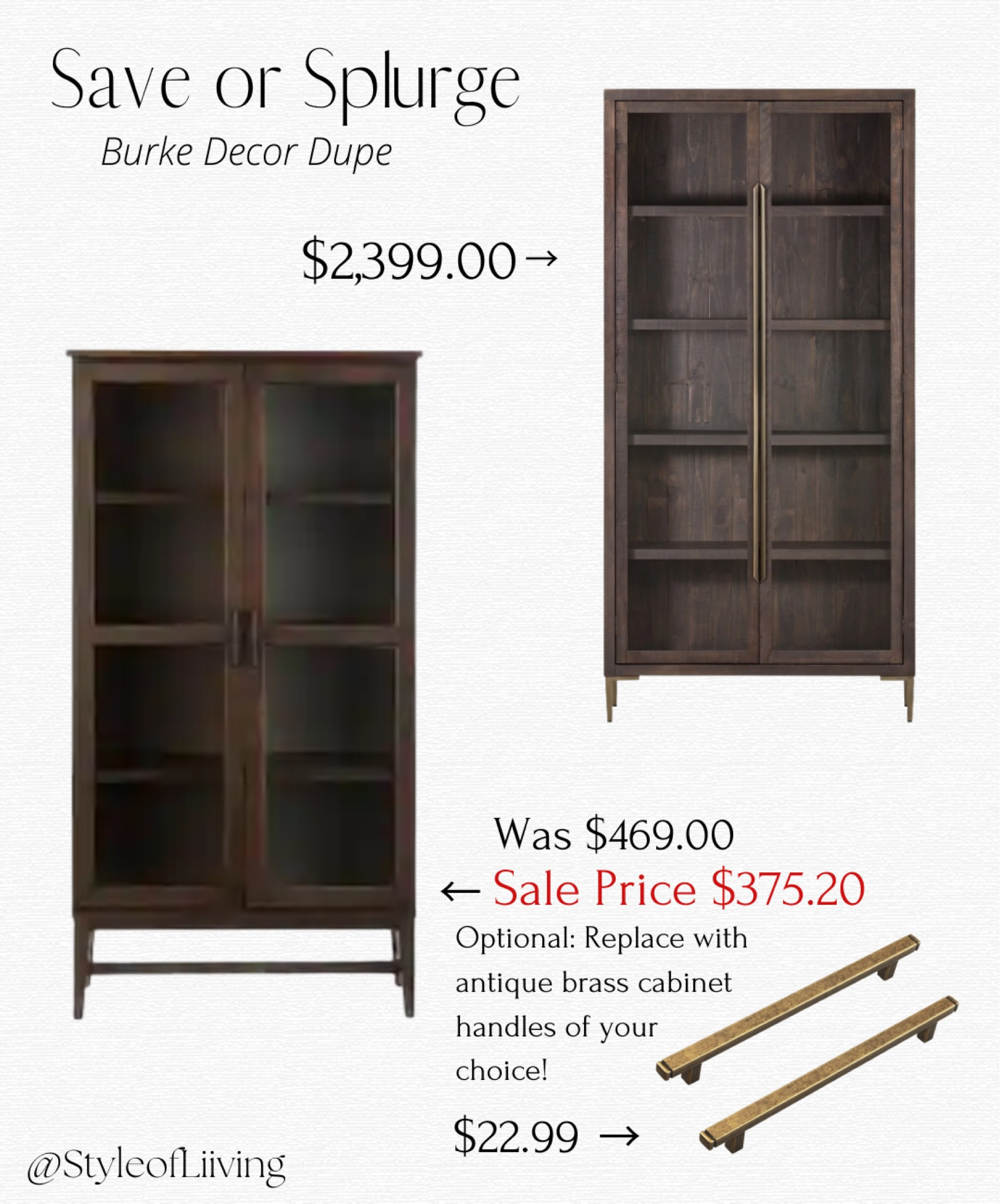 Save or Splurge! Burke decor dupe. Deep carbon tone, solid reclaimed pine wood tall display cabinet with glass doors. Flat, elongated antique brass-finished iron hardware. 6 interior shelves. Living room or dining room storage. Save with this similar style cabinet from the Home Depot! Currently on sale for less than $400. Replace their original hardware with antique brass cabinet pulls to get an even more similar look to the Burke cabinet! Higher budget vs lower budget finds.

#LTKsalealert #LTKhome #LTKstyletip