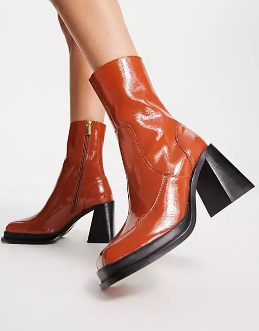ASOS DESIGN Restore leather mid-heel boots in tan patent | ASOS (Global)