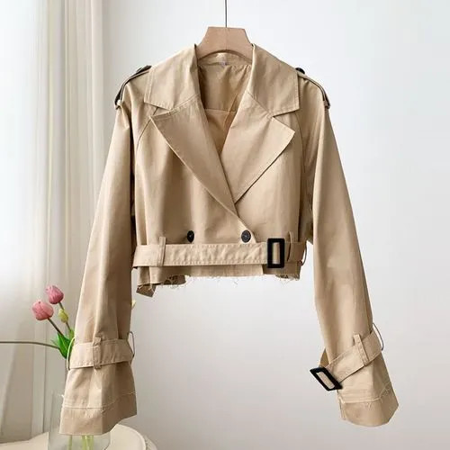 PERKARP - Plain Crop Double-Breasted Trench Jacket | YesStyle Global