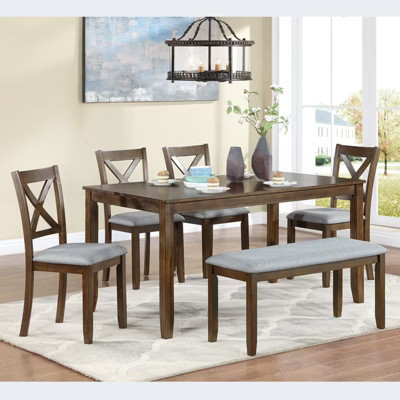MAYEERTY 6 Piece Walnut Acacia Wood Dining Set, Rectangular Table with 4 Upholstered Chairs & Bench, Seats 6 for Kitchen Dining Room | Target