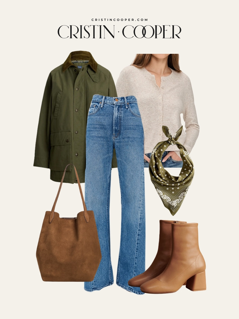 Utility jacket paired with high waisted denim, a cream henley, and cognac boots. Add an olive bandana and camel tote for personality that actually works across seasons. 

 #LTKSeasonal