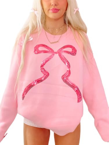 Alyweatry Women Coquette Cute Sweater with Bows Long Sleeve Crew Neck Aesthetic Y2k Loose Fit Kni... | Amazon (US)