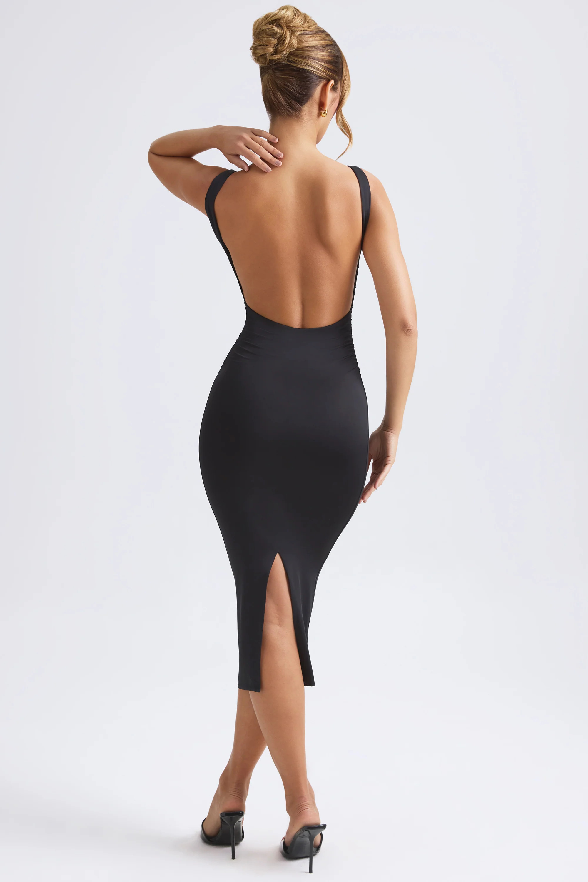 Ruched Open-Back Midaxi Dress in Black | Oh Polly