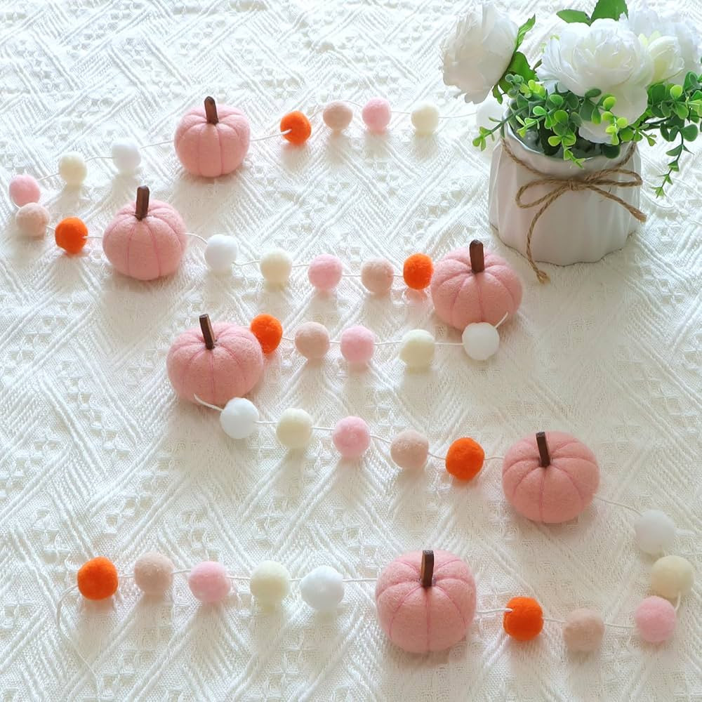 8.2Ft Fall Felt Pom Pom Banner - Pink 3D Pumpkin Garland, Pre-Assembled Bunting for Autumn, Thank... | Amazon (US)