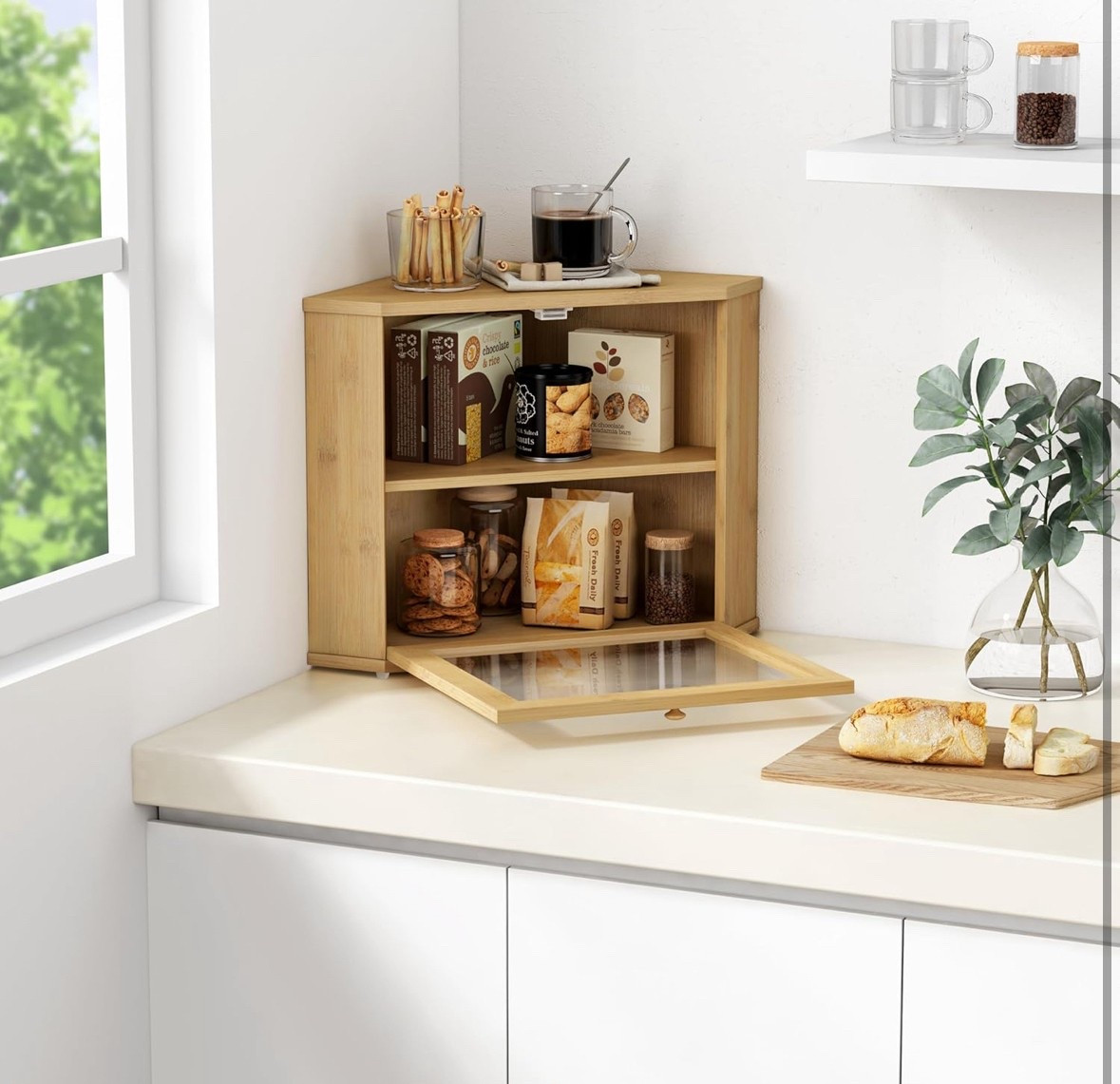 Bamboo Corner Bread Box for Kitchen Counter, 2 Tier Bread Keeper Wooden Round, Farmhouse Bread Storage Bin for Kitchen Countertop, Counter Organizer for Bread, Cup, Fruit, Spice, Snack