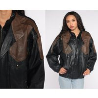 80S Leather Jacket Black Brown Color Block 90S Bomber Motorcycle Vintage Moto Punk Rock 1980S Hipste | Etsy (US)