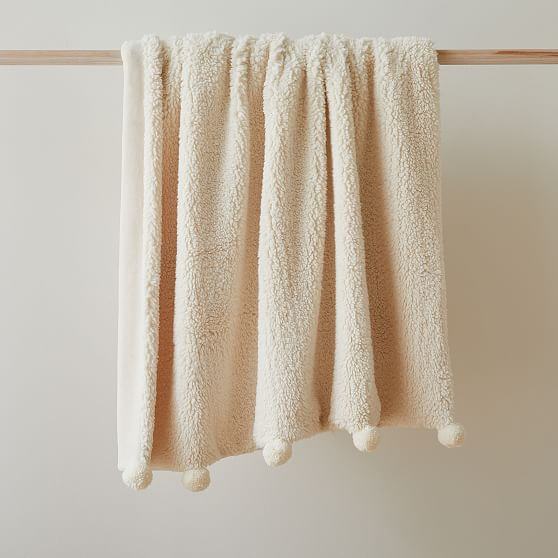 Sherpa Pom Pom Throw, 47""x60"", Alabaster | West Elm (US)