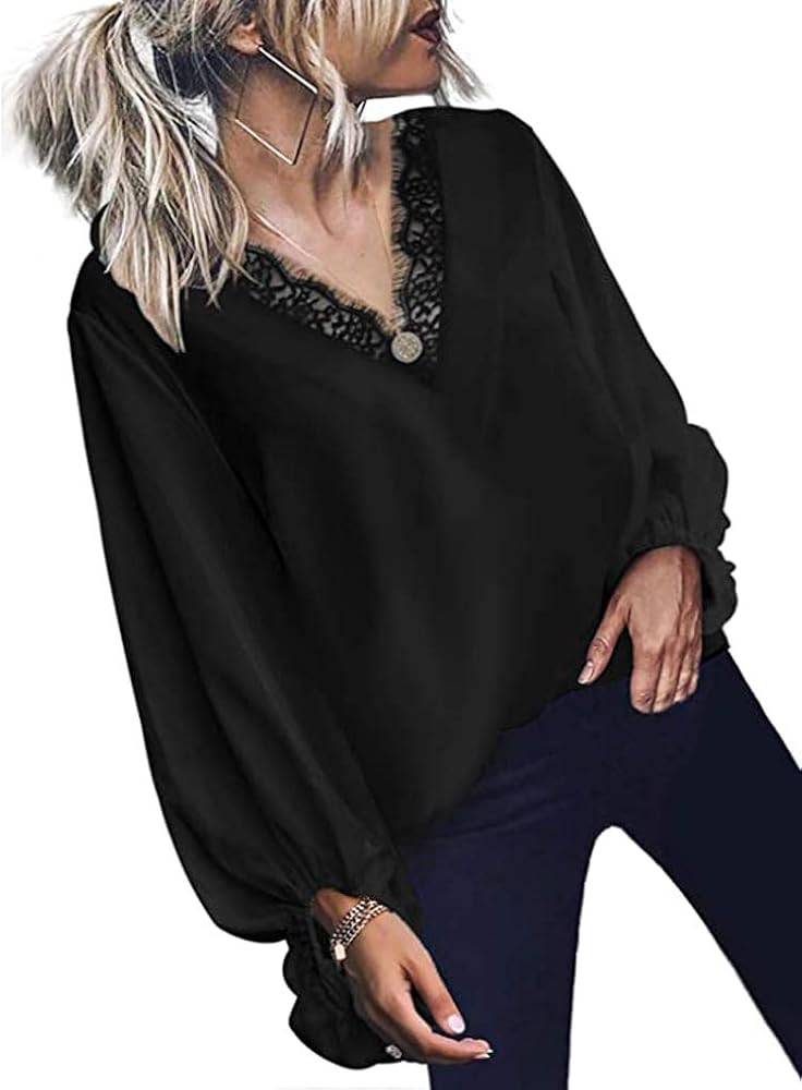 Women's Blouse Tops Loose Fit Deep V Neck Long Sleeve Shirt Basic Solid Color Casual Black XL at ... | Amazon (US)