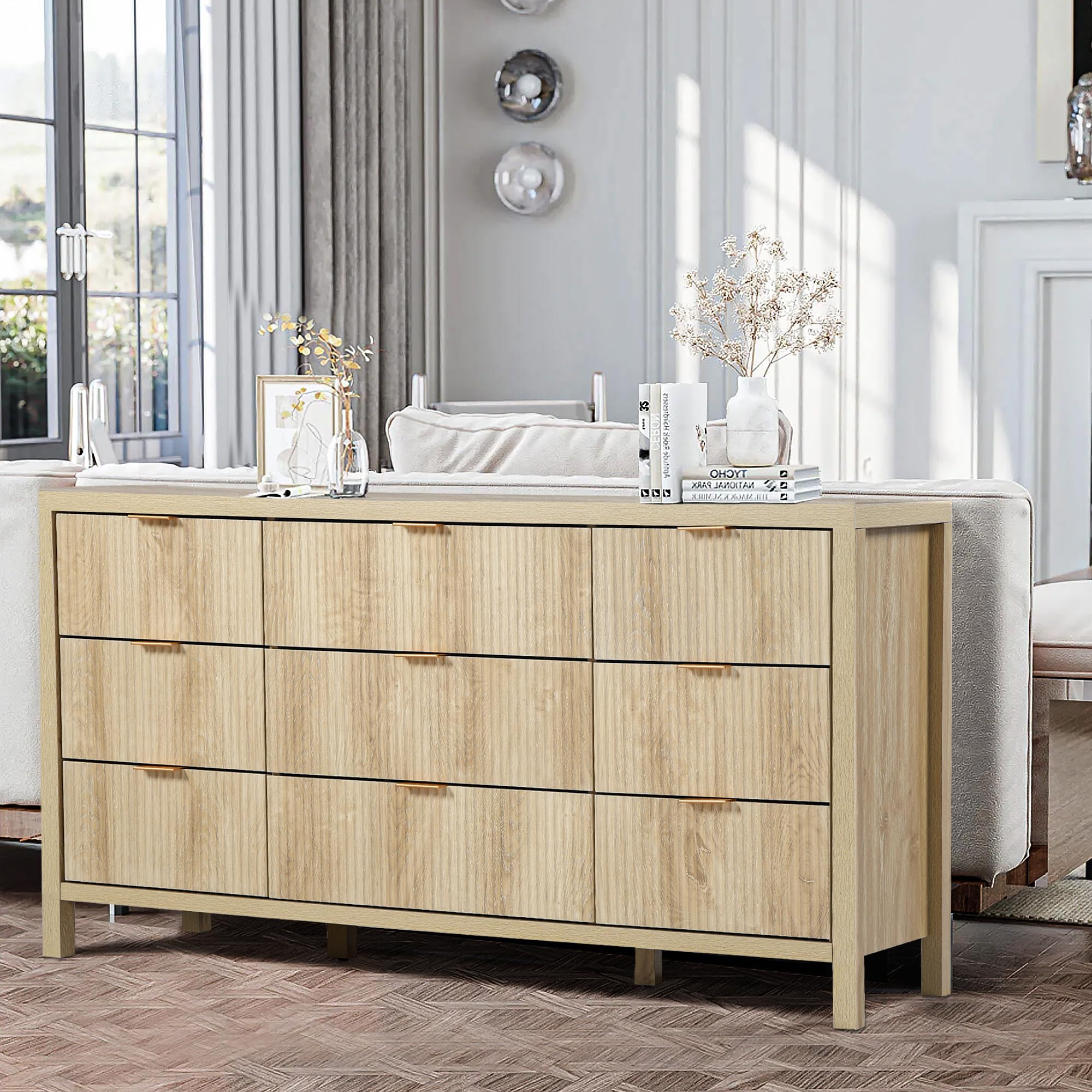 Mid Century Modern Dresser TV Stand, 9 Drawer Dresser for Bedroom Wood, Boho Wooden Storage Cabin... | Amazon (US)