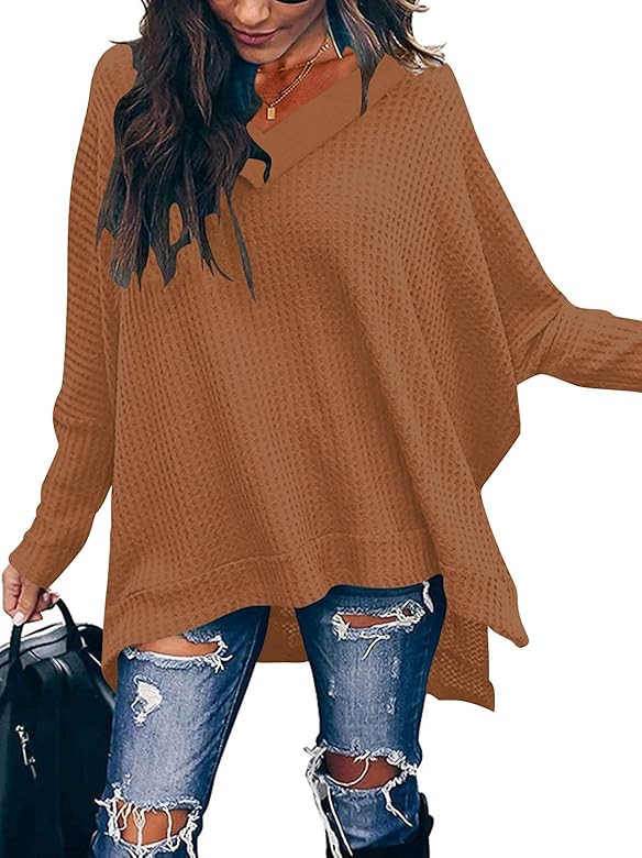 ANRABESS Women Crew Neck Batwing Sleeve High Low Hem Side Slit Waffle Knit Casual Loose Oversized... | Amazon (US)