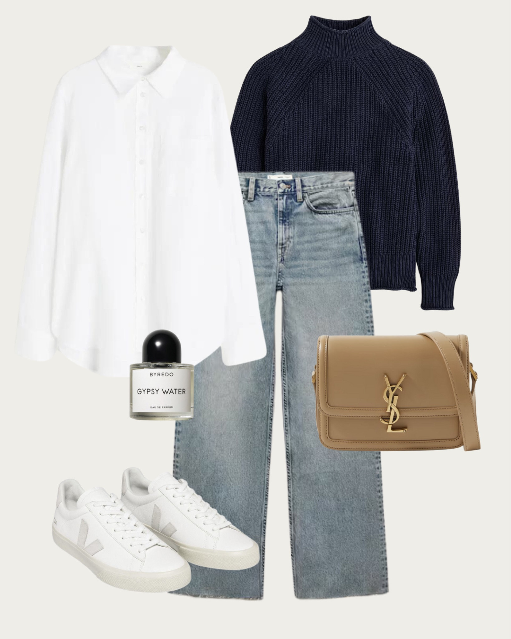 Staples: Denim & knits

This look combines the sharpness of a white shirt adorned over shoulders a cozy turtleneck, paired with timeless denim for a balance of comfort and style. White sneakers add a casual finish, while a classic crossbody bag elevates the outfit. Ideal for a weekend brunch or a casual office day, this outfit is a testament to the laid-back elegance of spring. A subtle fragrance rounds off the experience, keeping you in harmony with the season’s vibe. #SpringLayering #CasualElegance #DenimStyle #KnitwearFashion #SpringOutfitIdeas