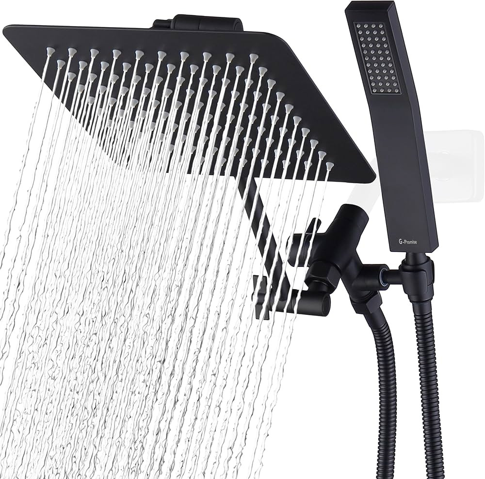 G-Promise All Metal Dual Square Shower Head Combo | 8" Rain Shower Head | Handheld Shower Wand wi... | Amazon (US)
