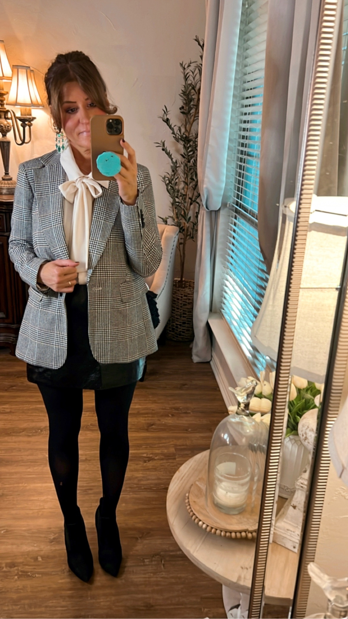 Walmart blazer and neck tie blouse, size small. Faux leather skirt, size 4. @walmartfashion @walmart #walmartfashion #walmartpartner

#LTKHoliday #LTKover40 #LTKSeasonal